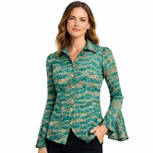 Diane von Furstenberg DVF Green Brown Animal Print Silk Blouse XS